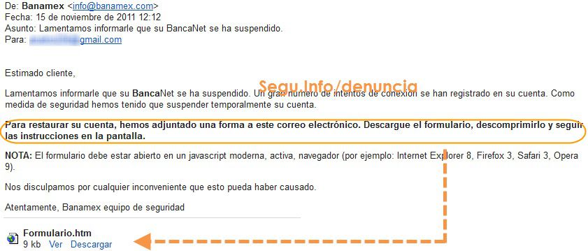 No descargar los archivos adjuntos. Parece que la gente ya desconfía de las extensiones “.exe” pero resulta fácil esconder códigos maliciosos en archivos habituales de texto e imágenes e incluso ocultar una extensión de un fichero y que parezca que es un fichero PDF o Word.