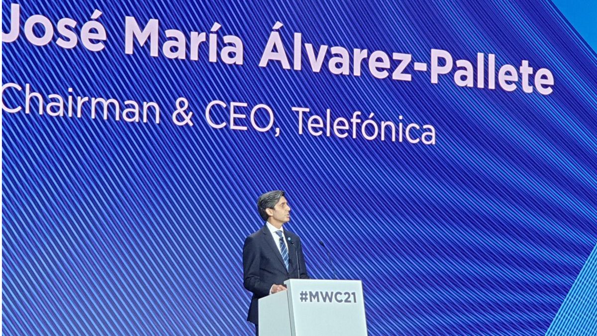 Jose María Álvarez-Pallete, presidente de Telefónica, durante su intervención en la inauguración del MWC Barcelona 2021