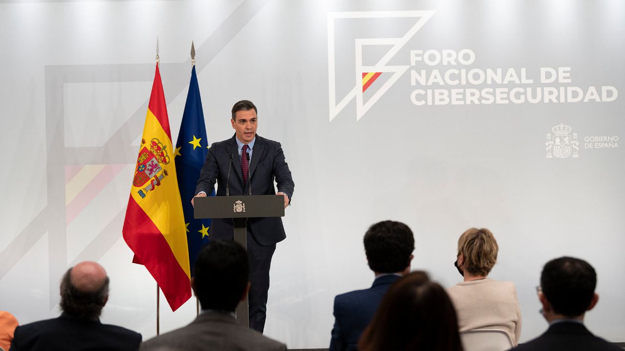 El presidente del Gobierno, Pedro Sánchez, durante su intervención en el acto de agradecimiento al trabajo realizado por el Foro Nacional de Ciberseguridad