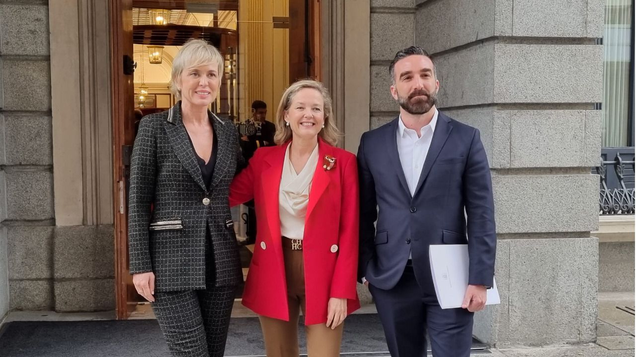 Carme Artigas, Nadia Calviño y Paco Polo a las puertas del Congreso de los Diputados