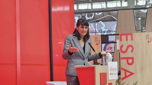 María González Veracruz, secretaria de Estado de Telecomunicaciones e Infraestructuras Digitales, durante su intervención en el MWC Barcelona 2023