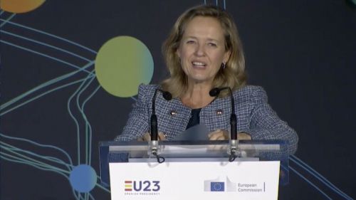 Nadia Calviño, vicepresidenta primera del Gobierno y ministra de Asuntos Económicos y Transformación Digital de España en funciones, durante su intervención en SEMIC 2023 celebrado en Madrid