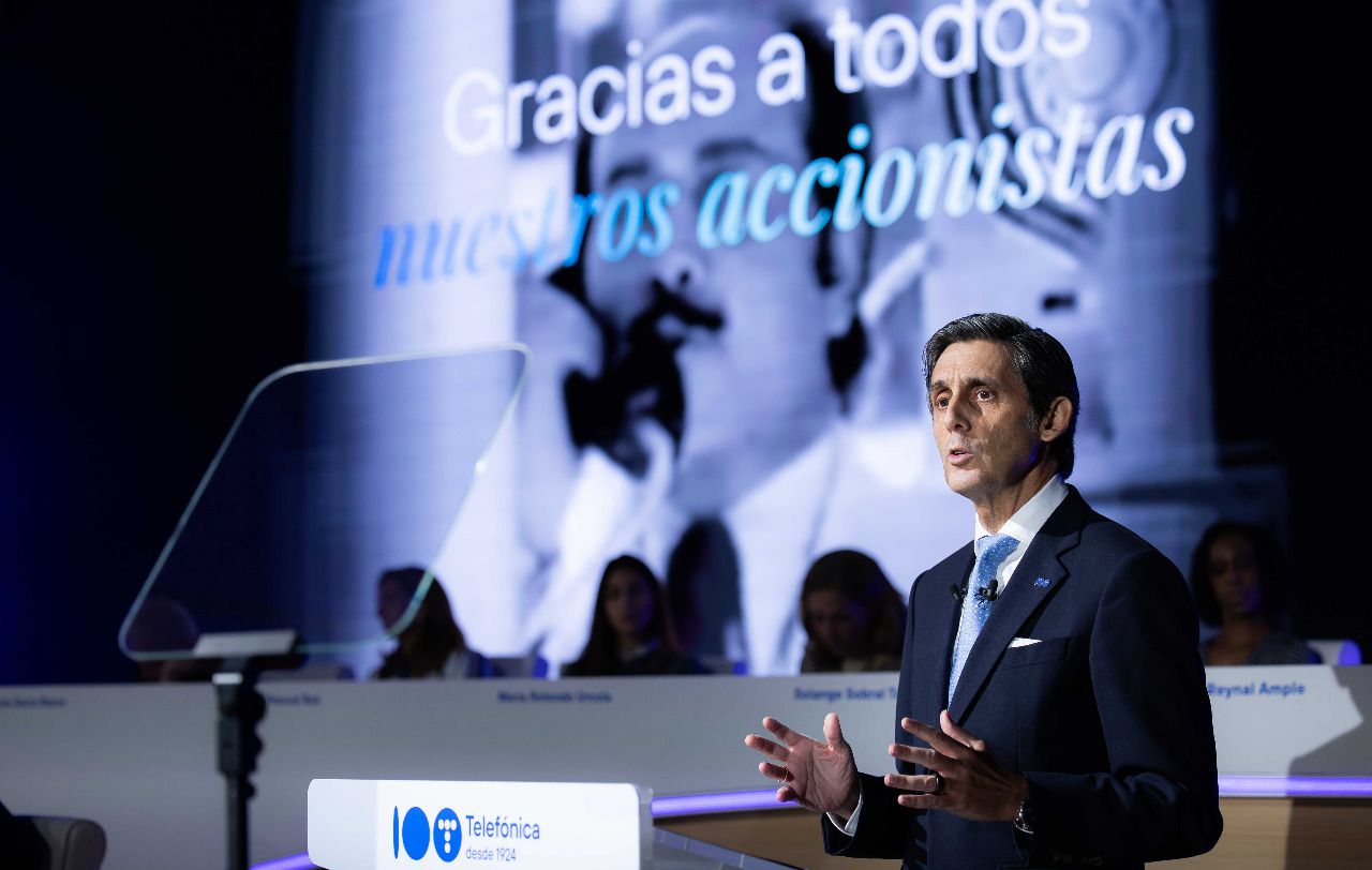 José María Álvarez-Pallete, presidente de Telefónica, durante su intervención en la Junta General de Accionistas 2024