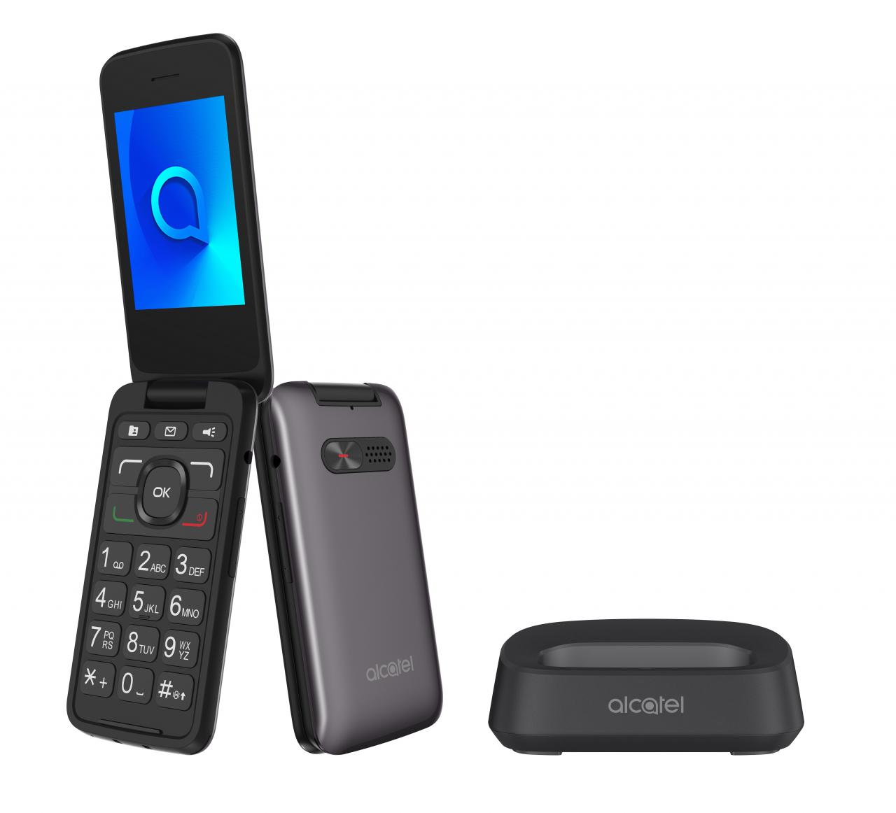 Alcatel 3026 modelo Metallic Gray con la base de carga