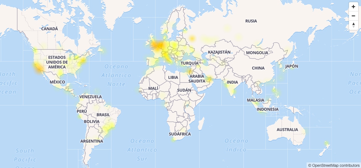 Mapa de fallos de Instagram de Downdetector a fecha 14 de julio de 2018