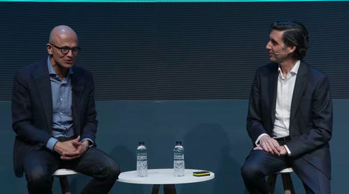Satya Nadella, CEO de Microsoft, junto a José María Álvarez-Pallete, presidente ejecutivo de Telefónica