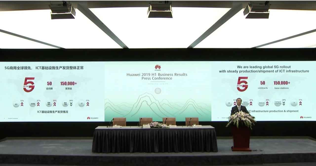 Liang Hua, presidente de Huawei, durante la presentación de los resultados del primer trimestre 2019 en Shenzhen (China)