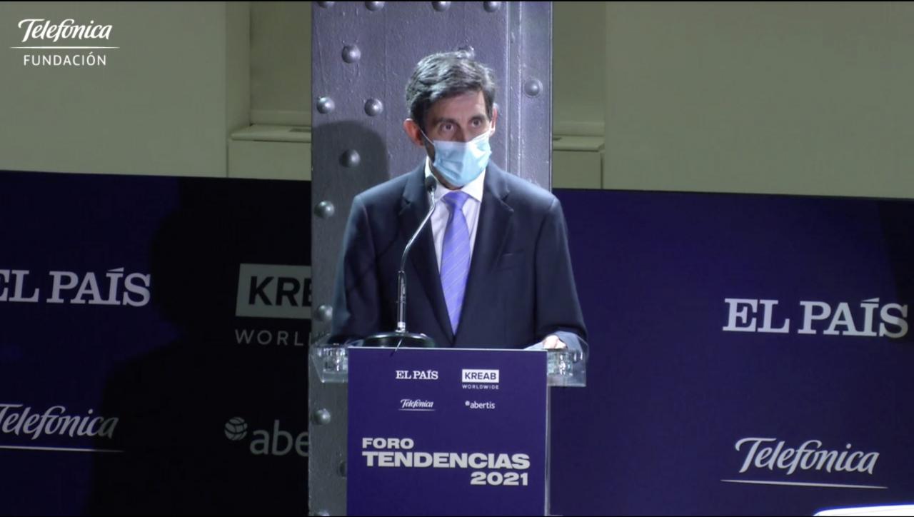 Jose María Álvarez-Pallete, presidente de Telefónica, durante su intervención en el Foro Tendencias 2021