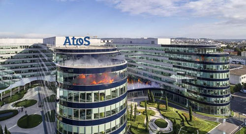Simulación de la sede de Atos en llamas por la compleja situación financiera de la empresa