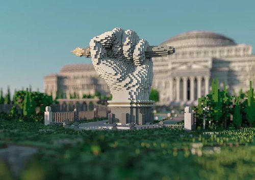 Entrada de The Uncensored Library, un servidor y mapa de Minecraft lanzado por Reporteros sin Fronteras y creado por BlockWorks, DDB Berlin y MediaMonks como un intento de eludir la censura en países sin libertad de prensa.