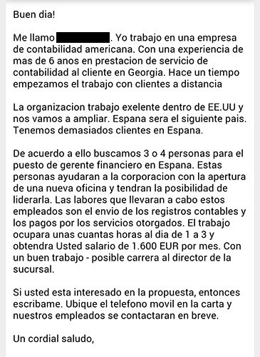 Tipo de e-mail de empleo fraudulento