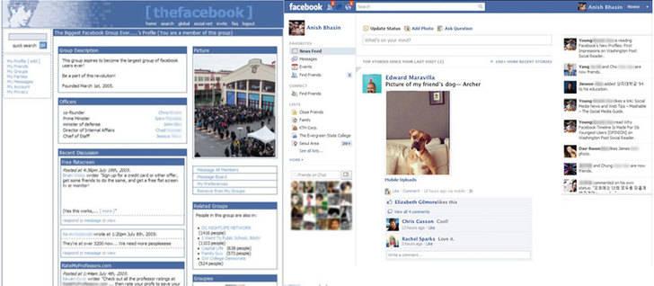A la izquierda Facebook en 2004, a la derecha en 2012.