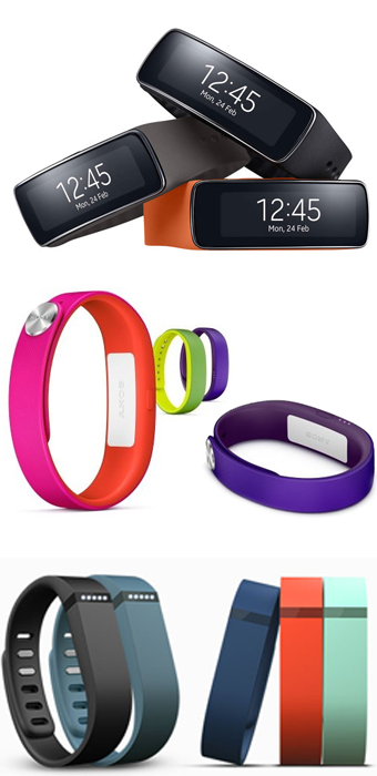 De arriba a abajo: Samsung Galaxy Gear Fit, Sony SmartBand y Fitbit Flex. 