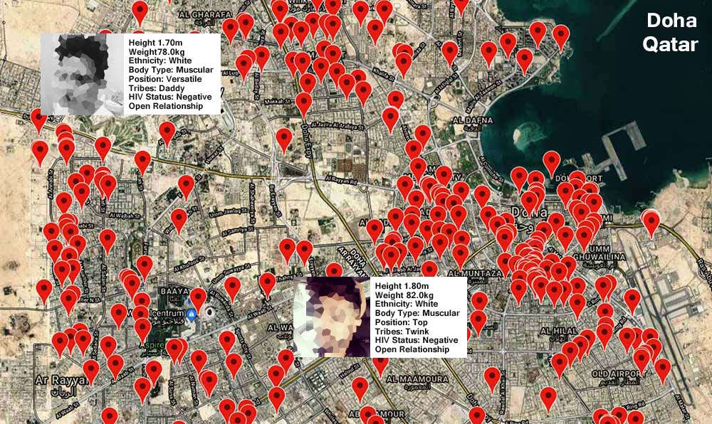 Mapa de localización de usuarios de Grindr en Doha, Qatar