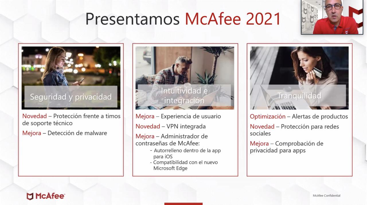 Francisco Sancho, Product Manager Consumer y Mobile de McAfee en España, en la esquina superior derecha, durante la presentación virtual del nuevo portfolio