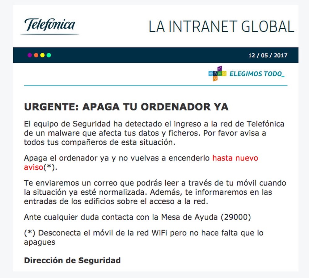 Se comporta como un ransomware y todo el equipo de seguridad de Telefónica trabaja para solucionarlo