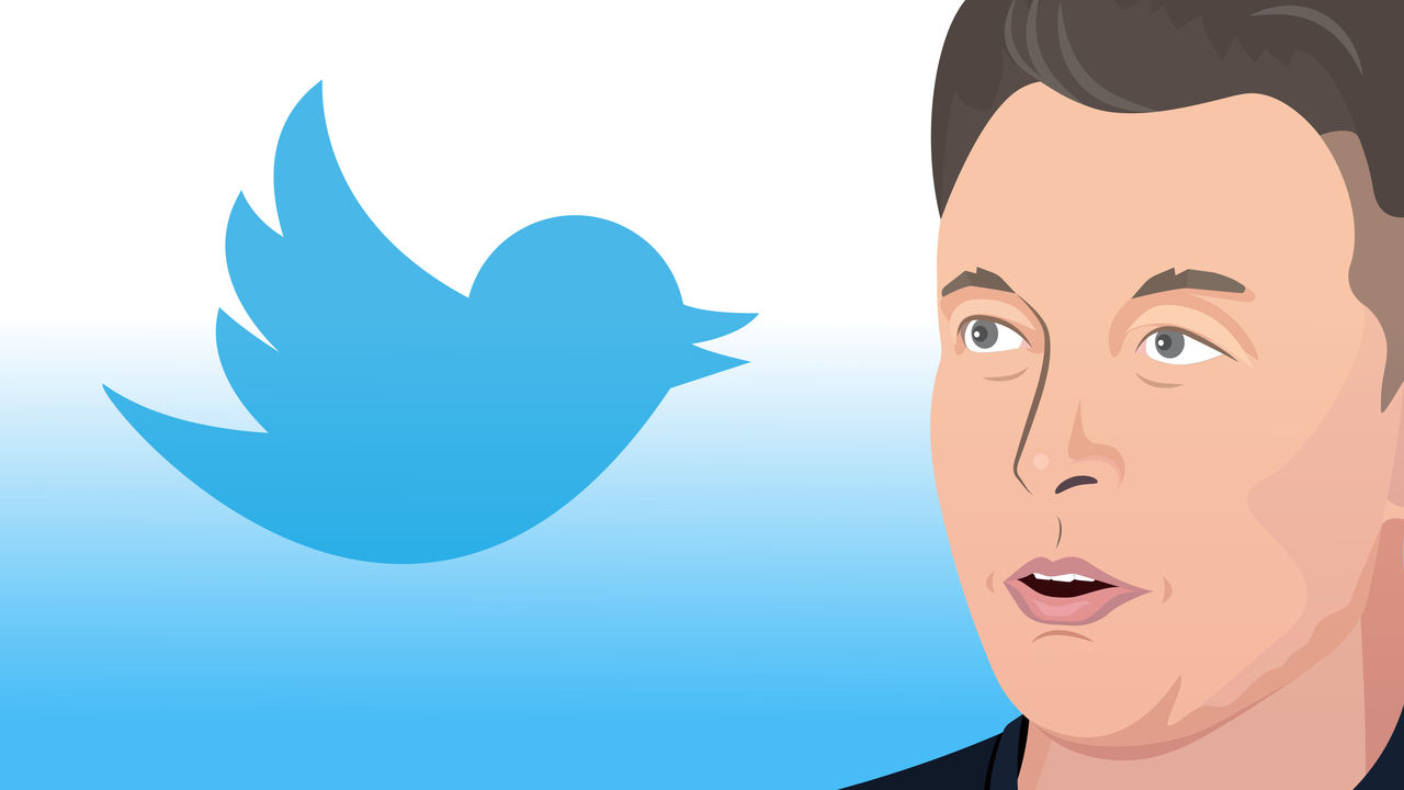 Una ilustración de Elon Musk junto al logotipo de Twitter