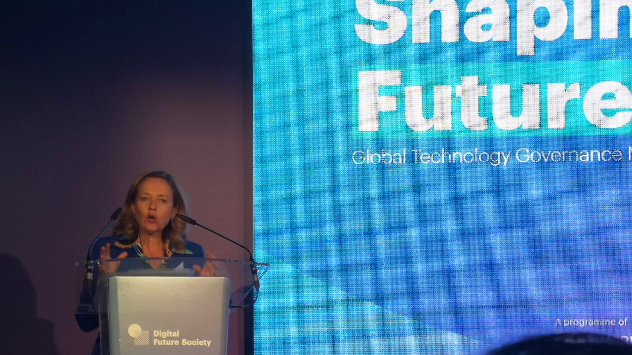 La ministra de Economía y Empresa en funciones, Nadia Calviño, durante su intervención en el acto de la Digital Future Society