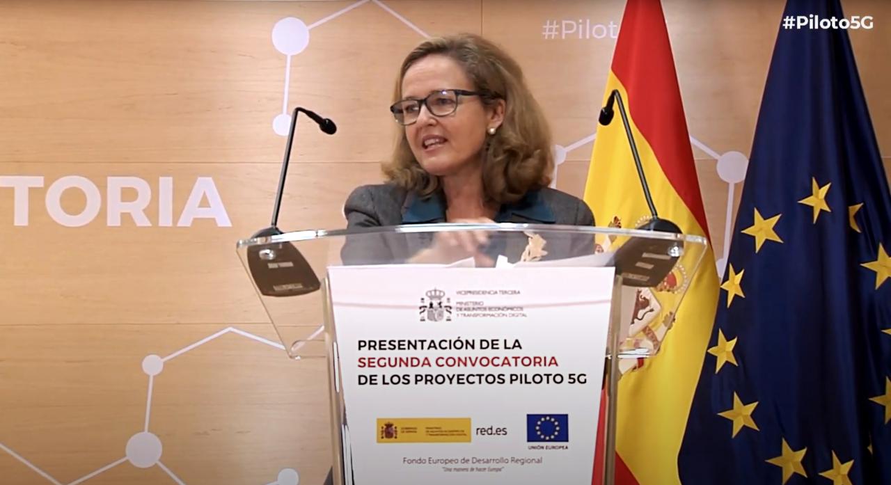 Nadia Calviño, vicepresidenta tercera del Gobierno y ministra de Asuntos Económicos y Transformación Digital de España, durante su intervención en la presentación de los Proyectos Piloto 5G