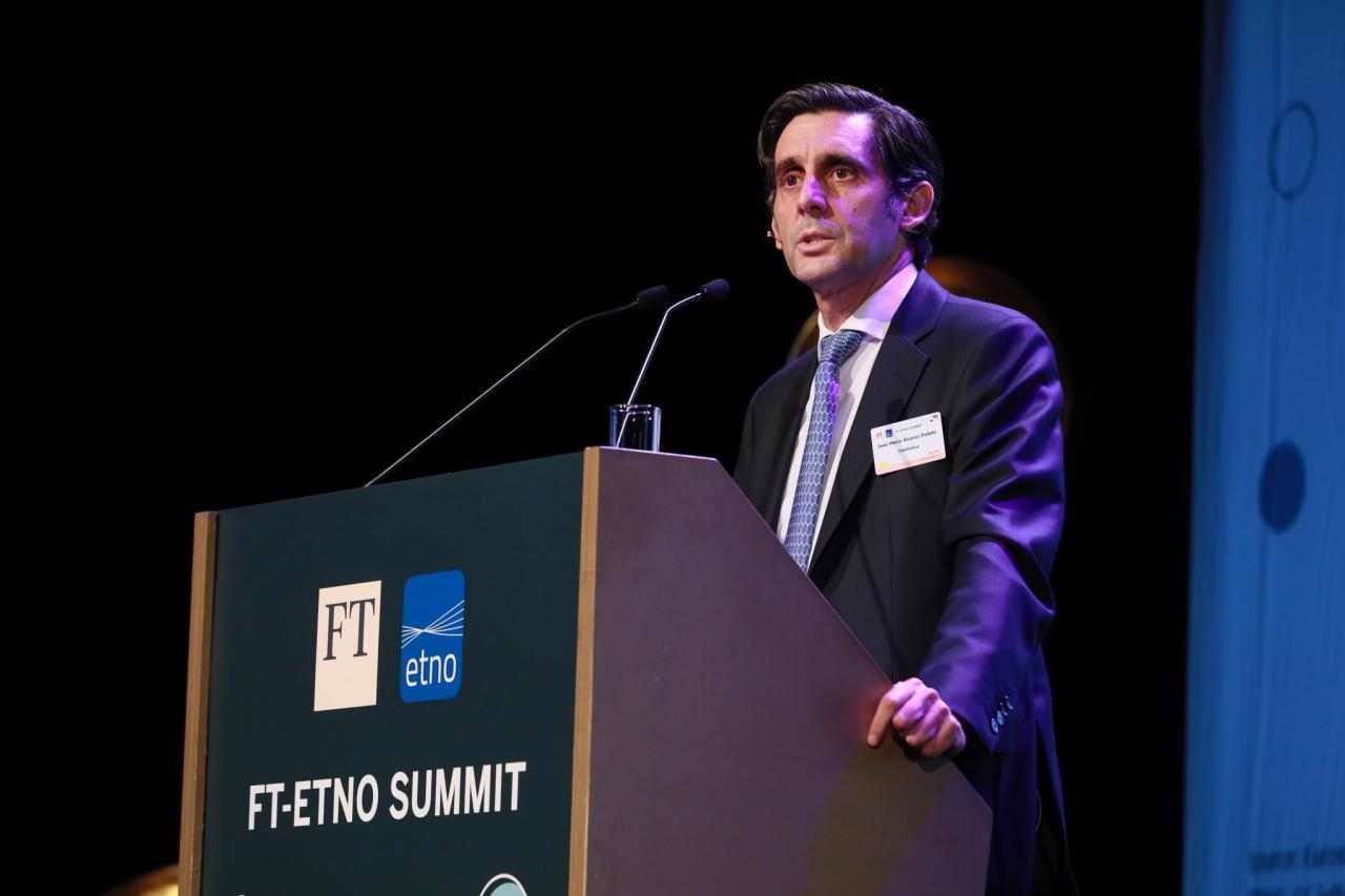 José María Álvarez-Pallete, presidente de Telefónica, durante su intervención en FT-ETNO Summit’ de Bruselas