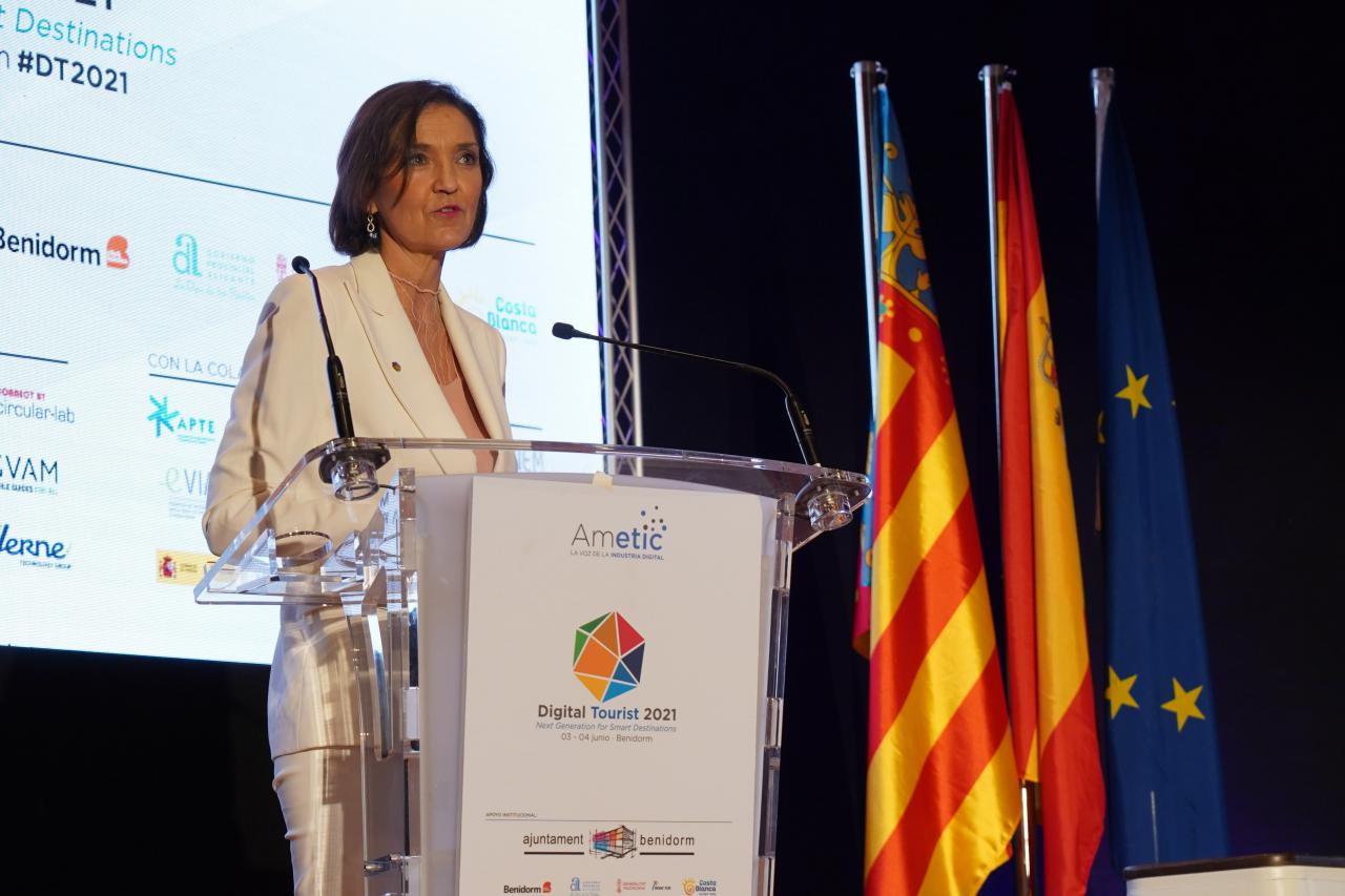 Reyes Maroto, ministra de Industria, Comercio y Turismo, durante su intervención en el Digital Tourist 2021 de Ametic