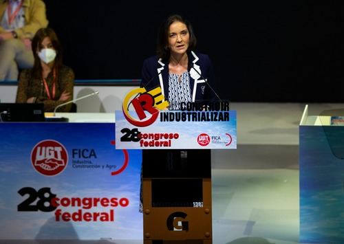 Reyes Maroto, ministra de Industria, Comercio y Turismo, durante su intervención en el 28º Congreso Federal UGT-FICA