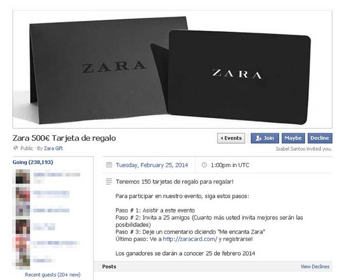Panda alerta de nuevo timo en Facebook: ´Zara 500 euros Tarjeta de Regalo´