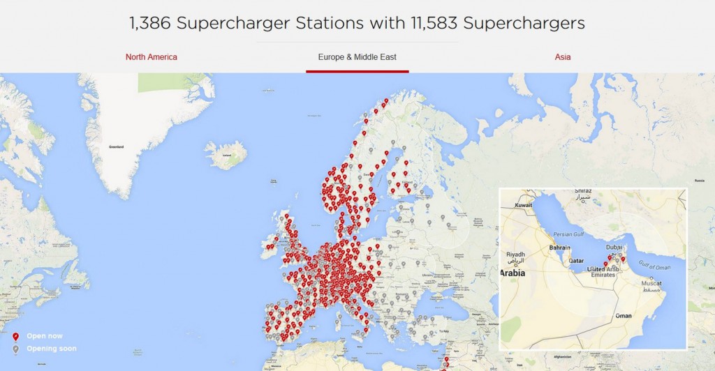 Mapa de los supercargadores de Tesla en Europa