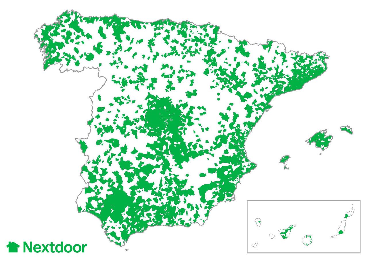Mapa de distribución de los barrios de Nextdoor en España