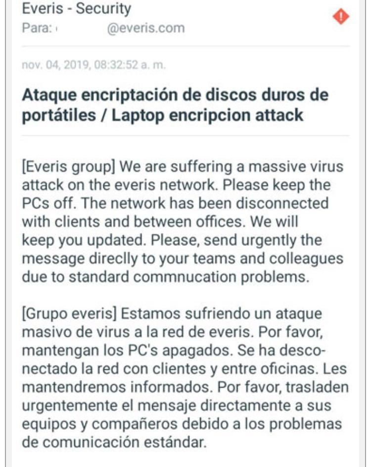 Correo electrónico enviado a los empleados del Grupo Everis