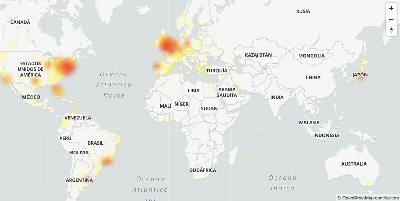Mapa de la caída de Twitter en la madrugada del 12 de abril. Fuente: Downdetector.