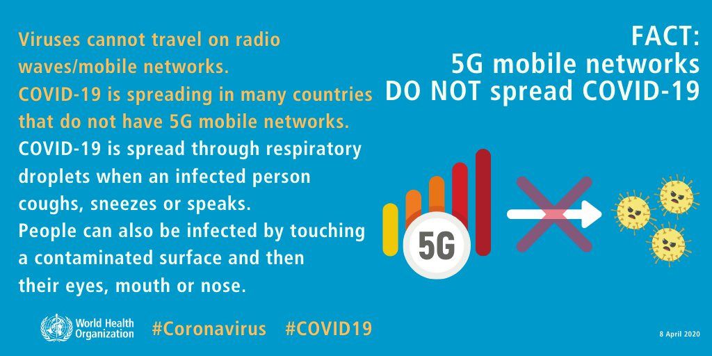 Las redes 5G de telefonía móvil NO propagan la COVID-19. Fuente: OMS