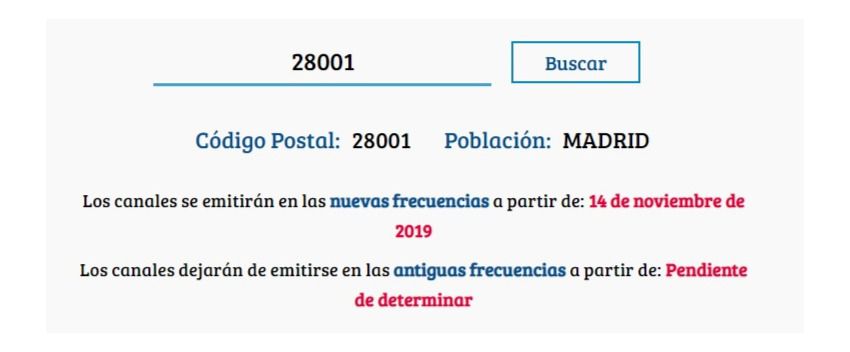 Ejemplo de información para resintonizar los canales en Madrid.