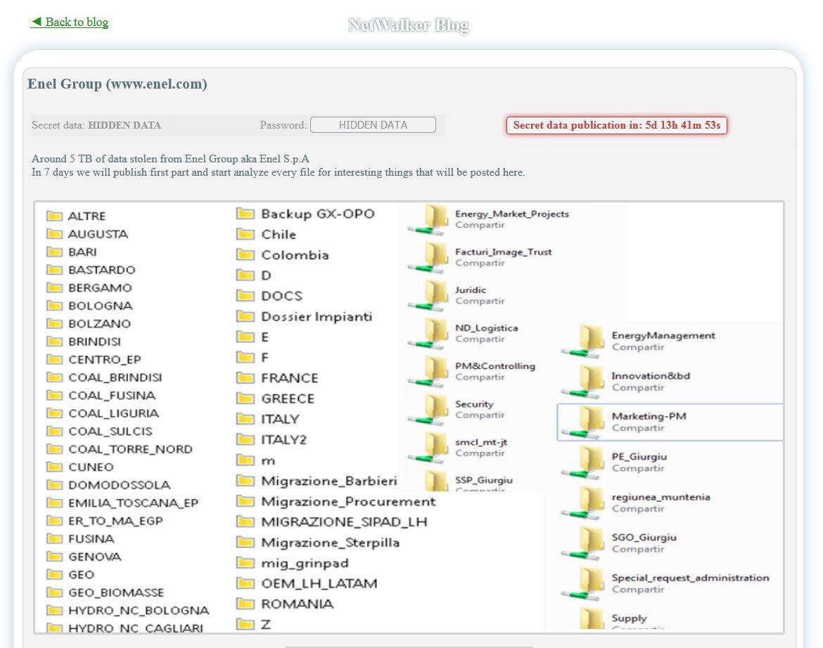 Repositorio de las publicaciones de filtraciones con el ransomware Netwalker con datos de Enel