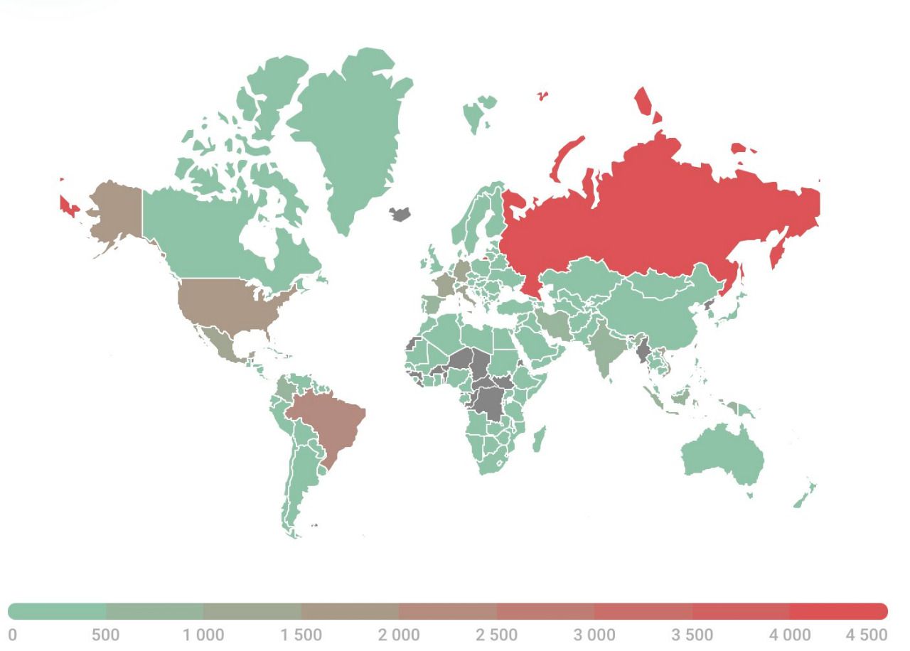 Geografía de los intentos de exploración y explotación de CVE-2021-44228 (Log4Shell). Fuente: Kaspersky