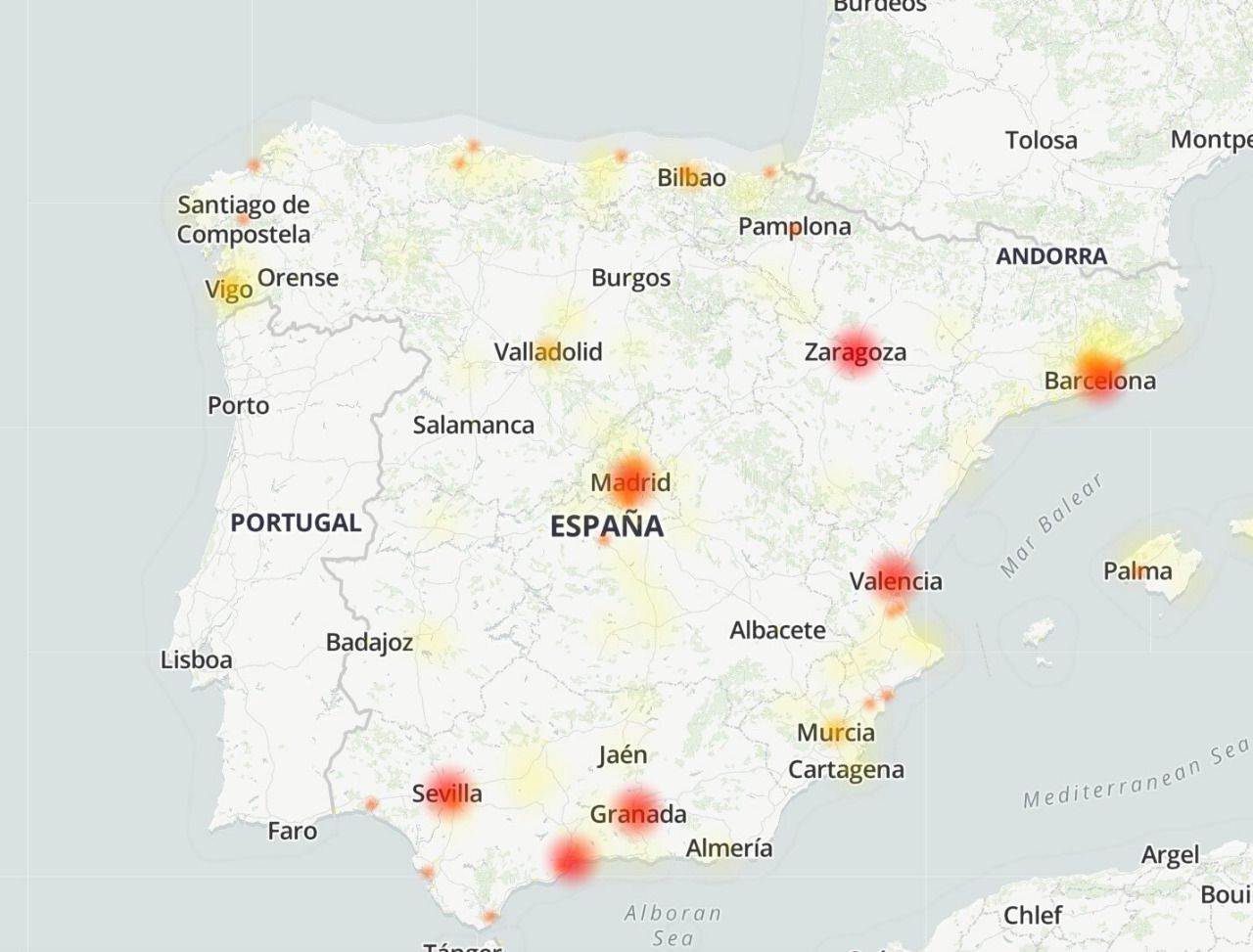 Mapa de fallos en España. Fuente: Downdetector