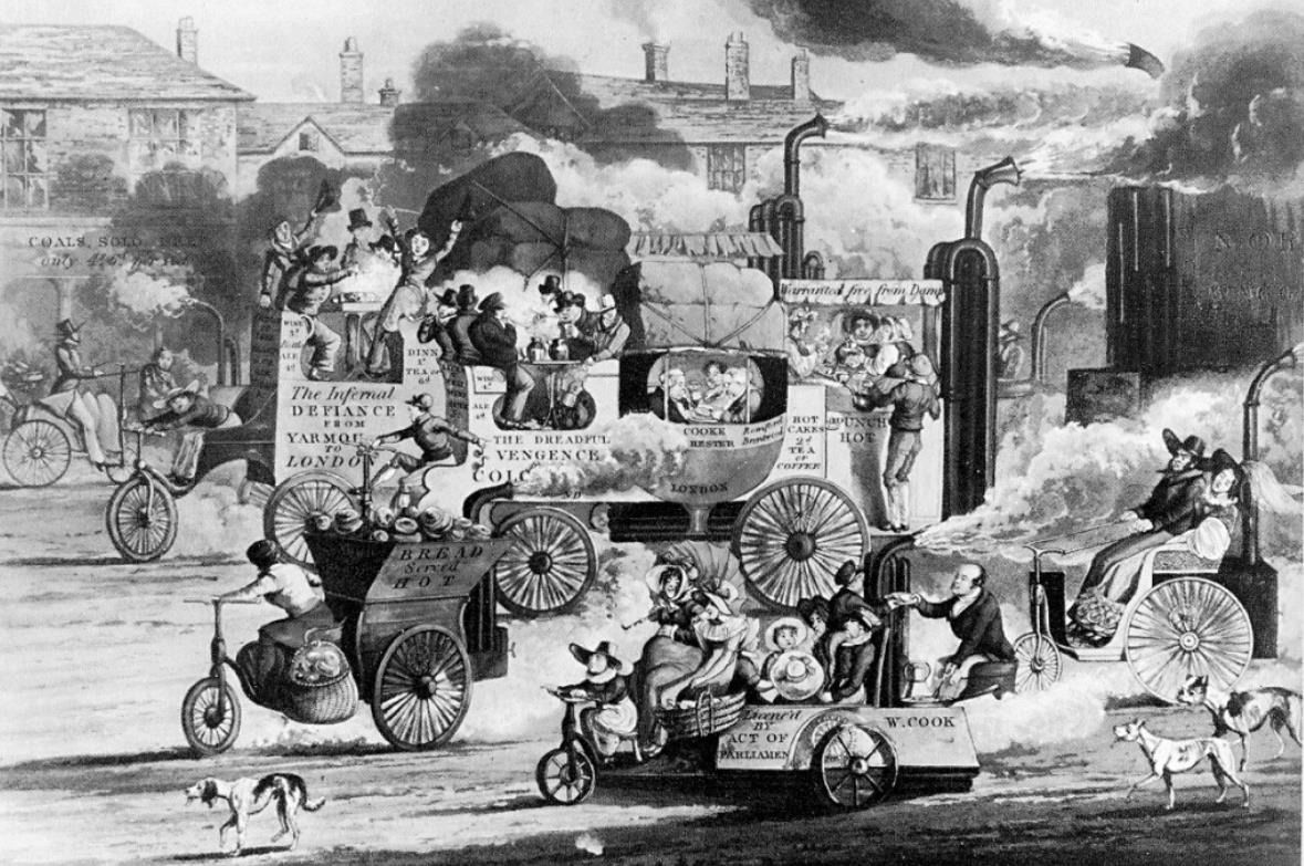 Caricatura de H. T. Alken de 1831 ironizando a los vehículos independientes a vapor