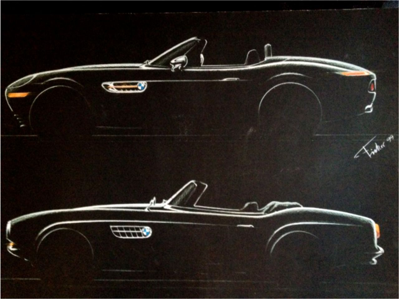 Comparación de bocetos entre arriba el modelo BMW Z8 y su inspiración abajo el BMW 507 (Autor: Henrik Fisker)