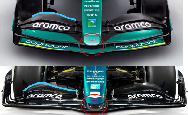 Comparativa entre el alerón delantero del AMR22 y AMR23