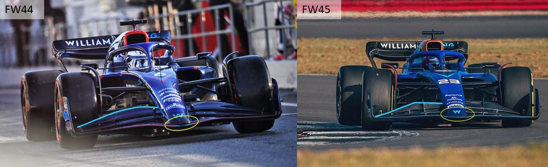 Diferencias de diseño entre el alerón del FW44 y el FW45