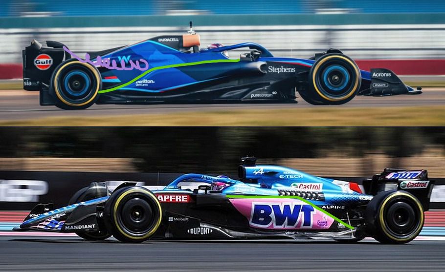 Comparativa entre los pontones del FW45 (arriba) y el A522 (debajo)