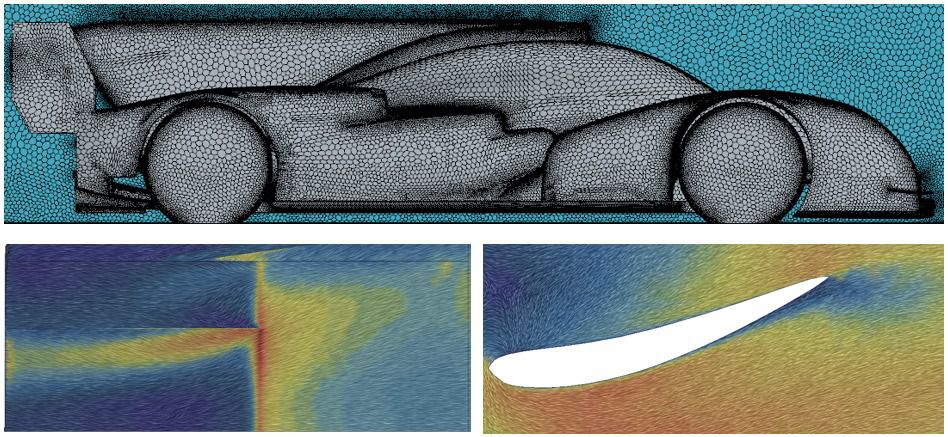 Modelo configurado en CFD (imagen de arriba) y visualización del flujo en CFD (imágenes de abajo)