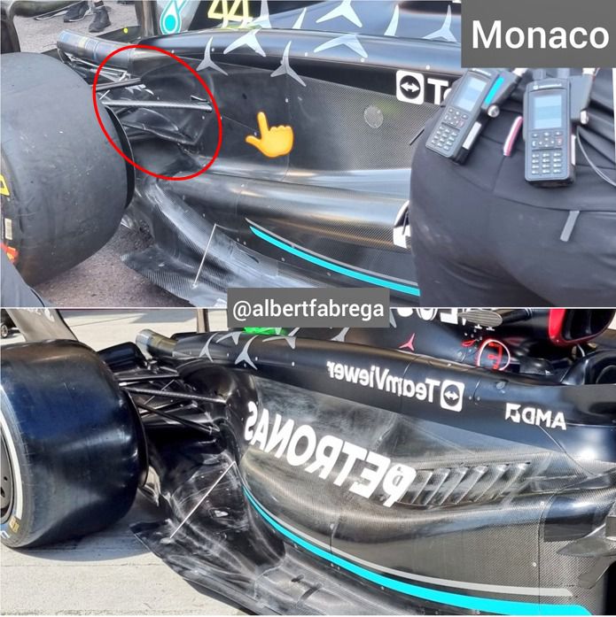Comparativa de la parte trasera del Mercedes W14 vista en Mónaco y en Miami