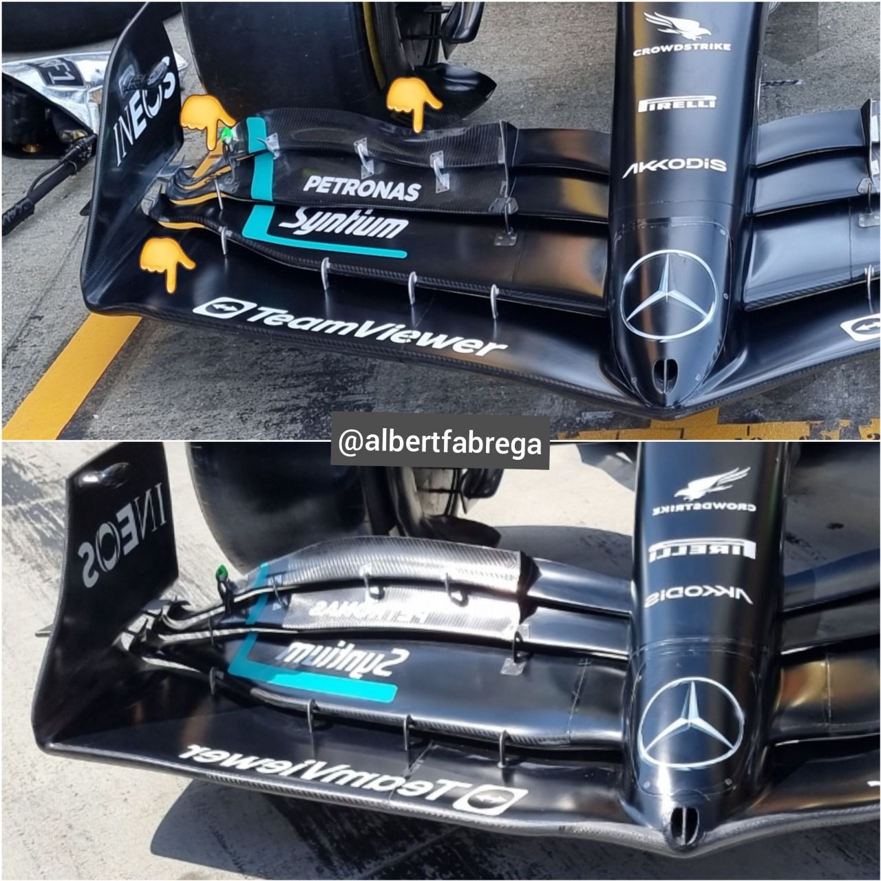 Cambios en el alerón delantero del Mercedes W14