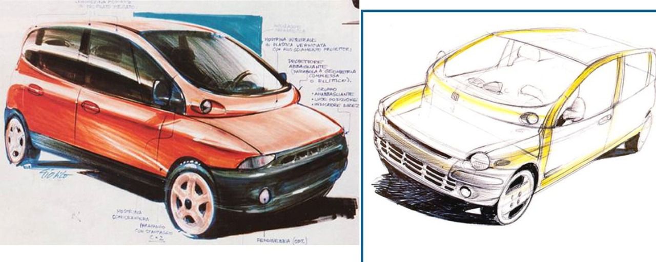 Sketch del modelo Fiat Multipla presentado en el Salón del Automóvil de París en 1996