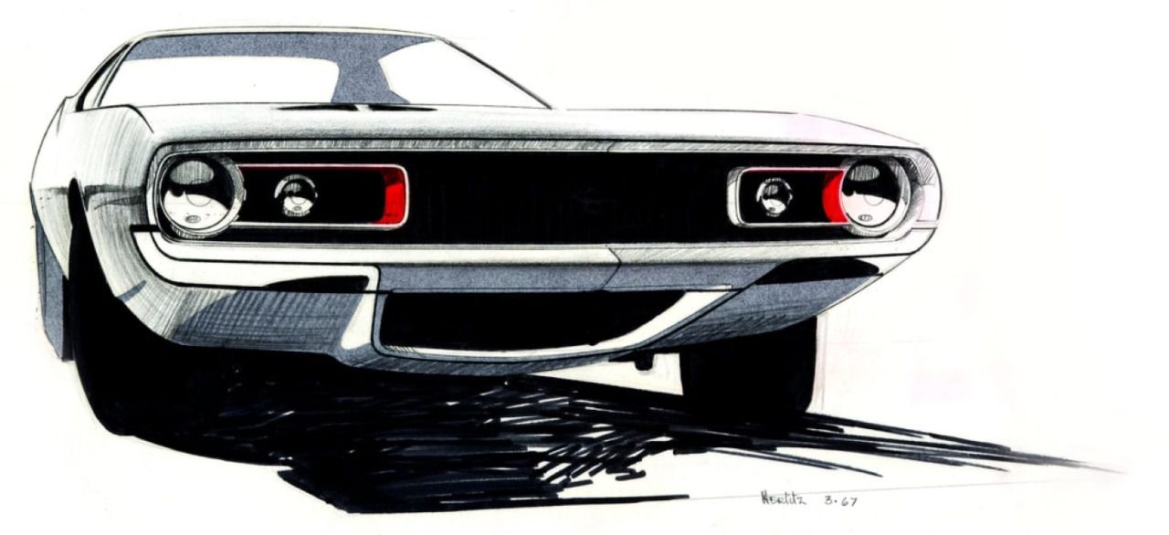 Sketch de John Herlitz del modelo Plymouth Barracuda como primer proyecto de Tom Gale