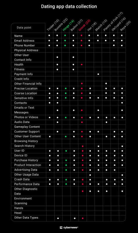 El gráfico muestra los tipos de datos que la aplicación puede recopilar según lo indicado por los desarrolladores en App Store. Imagen de Cybernews