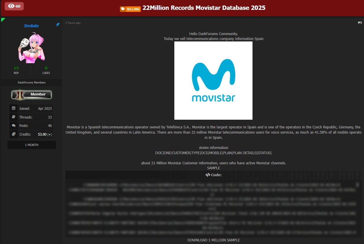 Captura de pantalla del portal en la dark web donde se venden los datos de clientes de Movistar