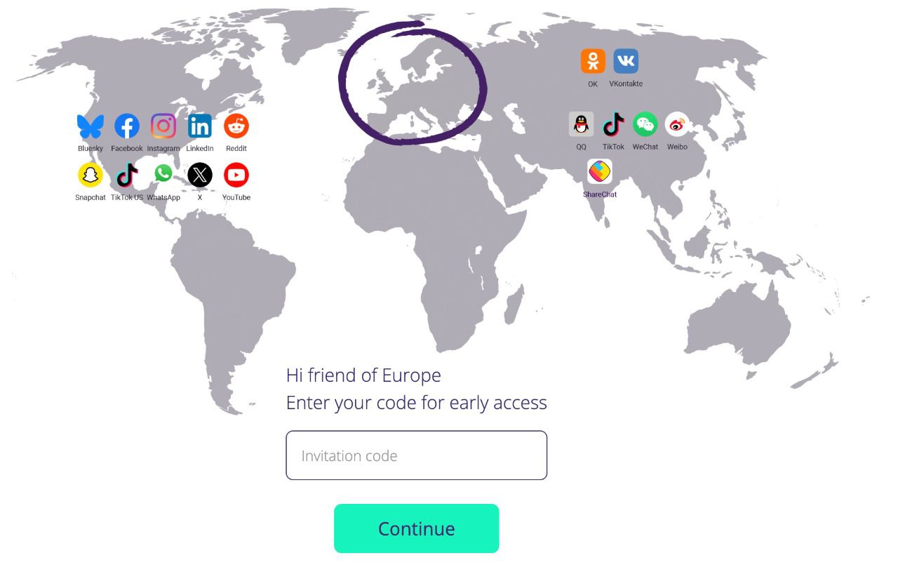 Estado actual de la página web oficial de W Social, todavía en fase beta de prelanzamiento