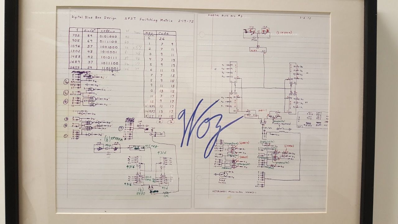 Esquema de la Blue Box de Wozniak firmado por él mismo, propiedad de Chema Alonso